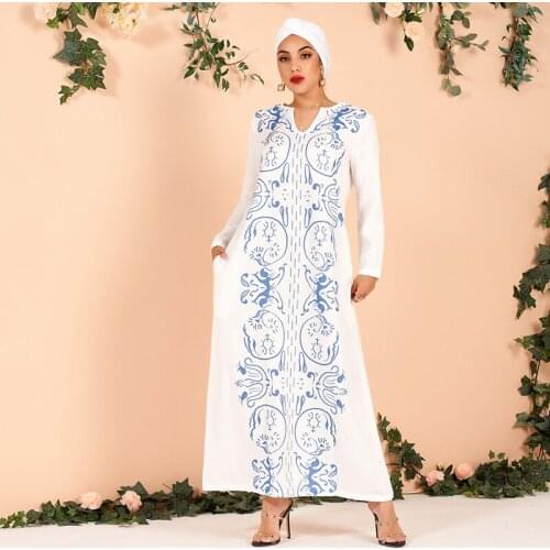 New Products Ladies Elegant Classical Floral Print Loose Large Size All-match Arab Dress Long Blue White Womens Dress