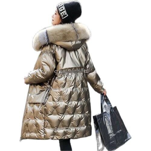 Fox fur Hooded Parkas Women 2021 New Winter Glossy Down Jacket Green Black Gold Female Warm Thicken Long Coat Overcoat