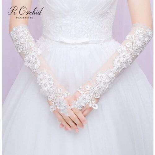 PEORCHID Women Fingerless Bridal Gloves Lace Wedding Gloves Flower Applique Elbow Length Bridesmaid Gift Evening Party Gloves
