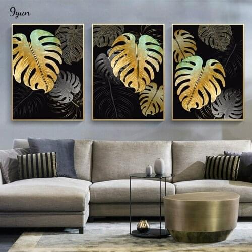 Luxury Black And Golden Abstract Poster Tropical Leaves Wall Art Print Picture Canvas Painting Interior Living Room Decoration