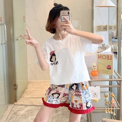 Japan Anime Women Pajamas Kiki Delivery Service Shirts And Shorts 2 Pieces Pyjama Summer Nightgown Homewear Girls Harajuku Suits