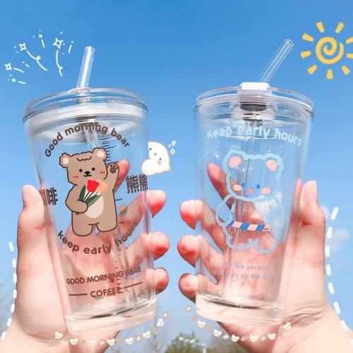 1 / 2pcs cute animal bear glass, leakproof straw cup, water cup, juice, milk cup tumbler cup glassware for drinking