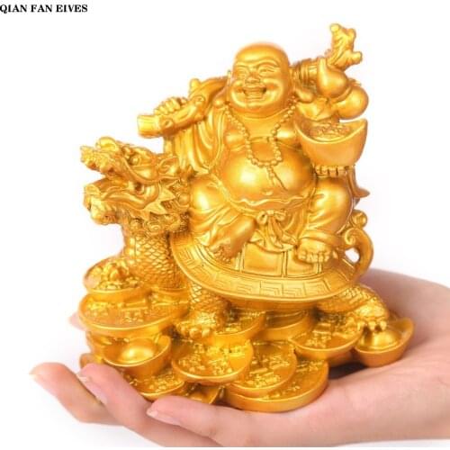Resin God of Wealth Laughing Buddha Statue，Modern art sculpture，Chinese Home Feng Shui Dragon Turtle Decoration Figurines statue