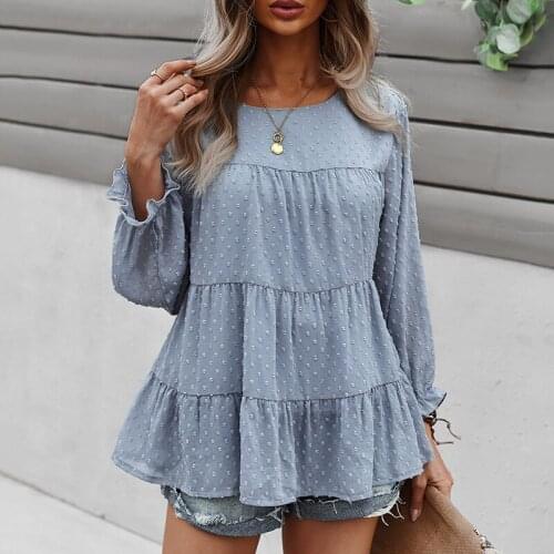 Casual Chiffon O-neck Ruffled Long Sleeve Blouse Women Autumn Elegant Female Solid Loose Blouses Holiday Ladies Fashion Tops