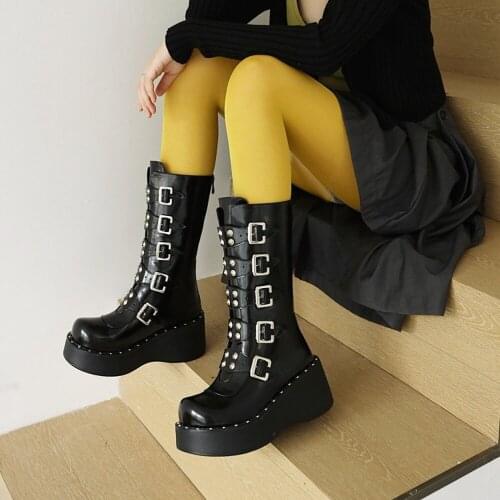 Womens Round Toe Platform Mid Calf Boots Wedge High Heel PU Leather Rivet Shoes Punk Motorcycle Belt Buckle New 2022
