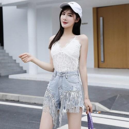 New High Waist Slim Body Fringed Ripped Beaded Sequin Wide Leg Blue Jeans shorts Indie Female 2021 Summer Hot Denim Shorts