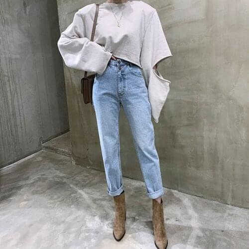 QRWR 2020 Fashion New Spring Autumn Vintage High Waist Straight Jeans for Women Buttons Zipper Ladies Loose Blue Jeans