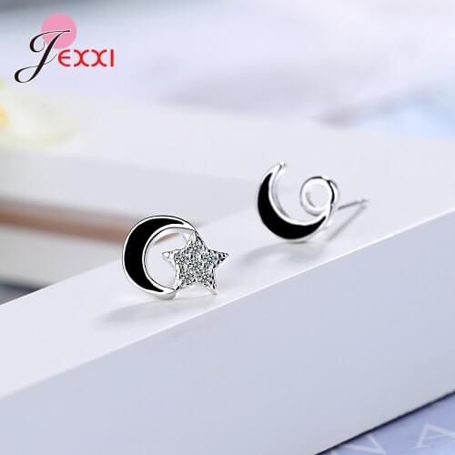 Fashion Black Drop Glaze Moon Star Stud Earrings 925 Sterling Silver Cubic Zircon Pendientes for Women Cute Jewelry