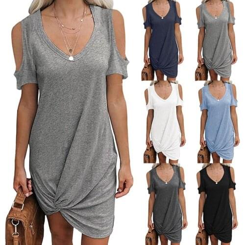 Womens Fashion Solid Color Strapless Twist Short Sleeve T-Shirt Dress