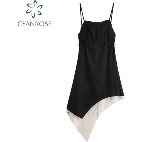 Womens Dress Black Irregular Patchwork Spaghetti Strap 2021 Summer High Waist Backless Sleeveless Streetwear Lady Mini Dress