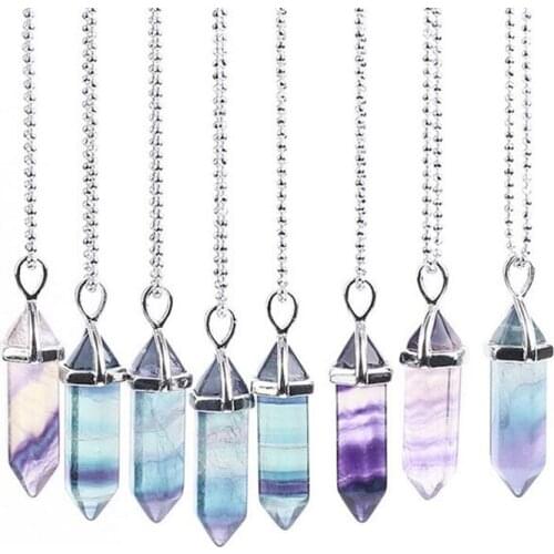 1 PC Fluorite Necklace Pendant Natural Gem Stone Quartz Bullet Hexagonal Point Pendulum Column Reiki Healing Chakra Jewelry