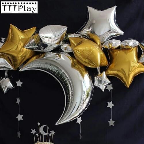 18inch Five-pointed Gold Sliver Star Foil Balloon 36inch Moon Foil Balloon Wedding Decor Birthday Party Pure Color Helium Globos