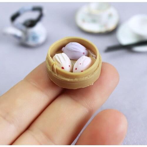 3Pcs 1/12 Dollhouse Miniature Accessories Mini Bun with Basket Simulation Food Dessert Model Toys for Doll House Decoration
