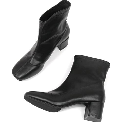 All Melody Women Spring Boots Black Japanese Style Modern Stretch Boots 5.4CM High Heel Square Toe Short Boots Botas Promotion
