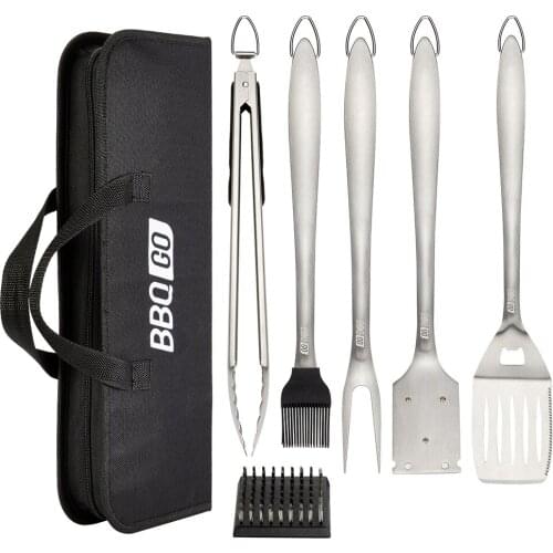 BBQGO Stainless Steel BBQ Tools Set Spatula Fork Tongs Brush Skewers Barbecue Grilling Utensil Camping Outdoor Cooking Tool Set