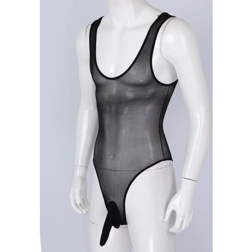 Mens Glossy Stretchy Bodysuit Bodystocking Transparent See-through Singlet Bulge Pouch Gay Male Sissy Teddies Nightwear Costumes