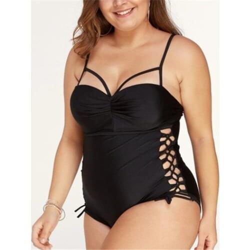 Hollow out One-piece Swimsuit Over sized Ladies Plus Size Solid Black Multi-rope Lace Swimmer Women New Sexy Swimsuit