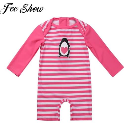 Kids Girls One-piece Long Sleeves Penguin Pattern Printed Striped Rash Guard Swimsuit Swimwear Bathing Suit