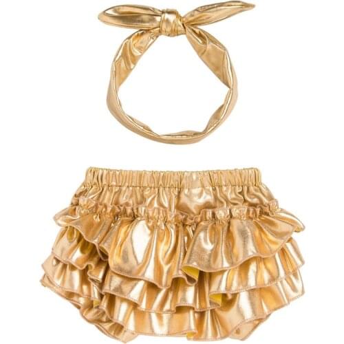 Baby Girl Golden Ruffle Skirt Shorts 2Pcs Toddler Girls PP Short Pants with Hairband Newborn Diaper Cover A-level Baby Gifts HOT