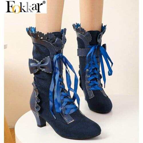 Eokkar 2021 Lolita Boots for Women Kitten Heel Ankle Boots Lolita Shoes Cute Women Shoes Winter Boots Lace Up Sweet Ankle Boots