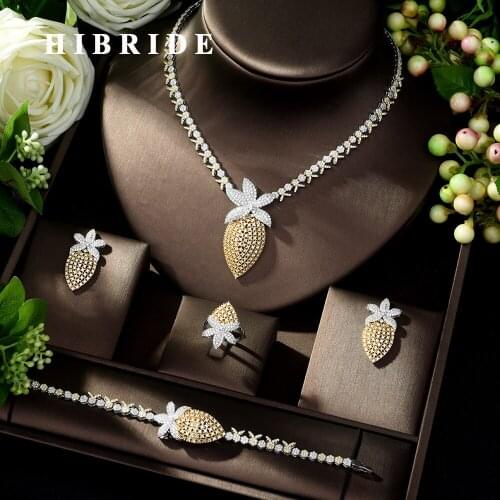 HIBRIDE Classic Fashion Necklace Earring Jewelry Set AAA+ Zirconia Paved Dubai 4pcs Wedding Jewellery Set for Anniversary N-1021