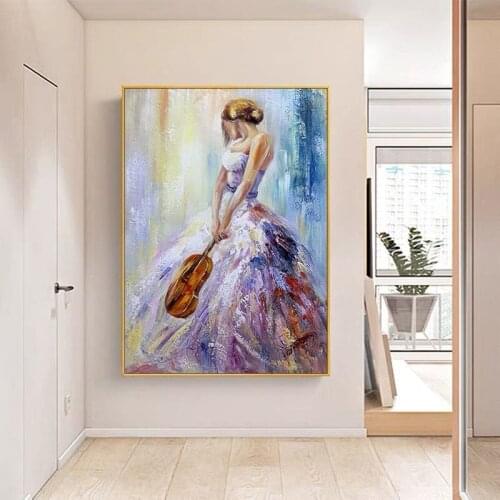 Girl Playing The Violin Dance Oil Painting On Canvas Nordic Poster Wall Art Picture For Living Room Home Decor Frameless
