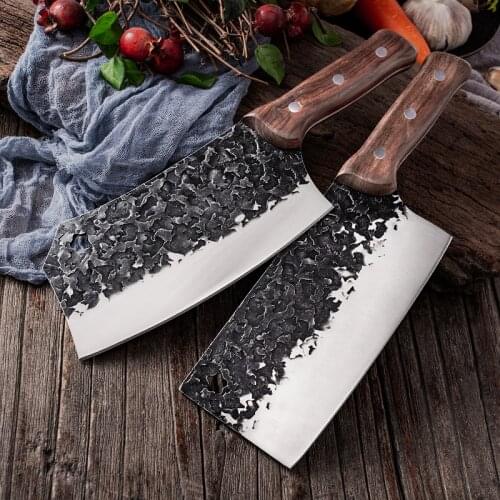 Handmade Chinese Kitchen Knives Traditional High Carbon Forged Kitchen Cleaver Wood Handle Slicing Serbian Chef Camping Knife