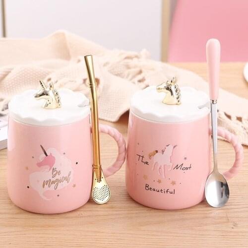 Unicorn Coffee Mug with 3D Glod Lid and Spoon Ceramic Tea Water Cup Gift for Women Girls Pink kawaii mug cups mug with print