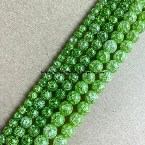 Natural Stone Olivine Color Dyed Snow Cracked Crystal Round Loose Beads 15" 4 6 8 10 12MM Pick Size For Jewelry Making DIY