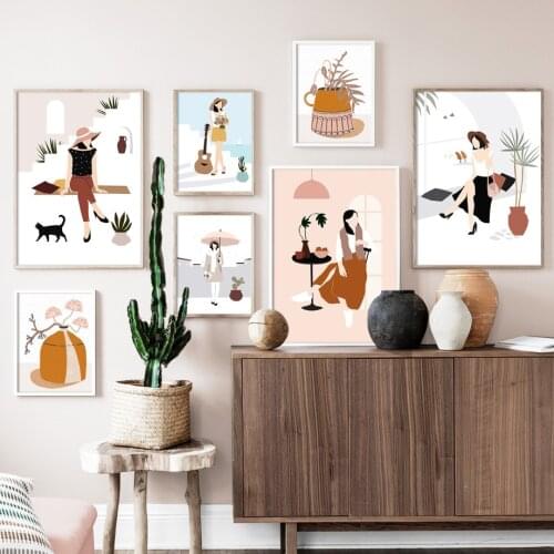 Fashion Girl Vase Flower Guitar Wall Art Canvas Painting Nordic Posters And Prints Wall Pictures For Living Room Girl Room Decor