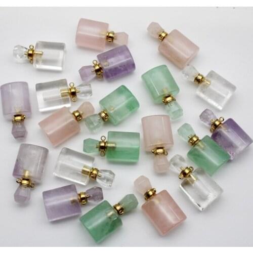 Natural stone Square perfume bottle necklace Essential Oil Diffuser Pendant amethysts Quartz fluorite jewelry charm