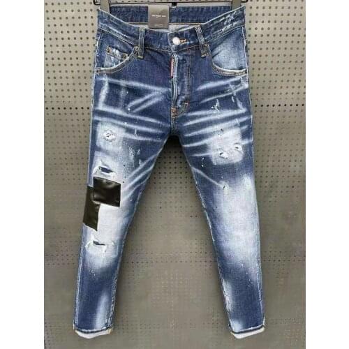 2021 Spring/Summer New Fashion Hole DSQUARED2 Jeans Men/Women Car Skin Patch Paint Micro-Elastic Blue Pants 062