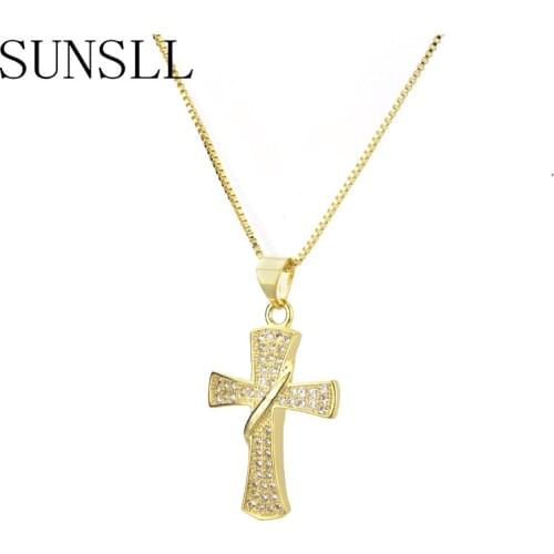 SUNSLL new gold copper necklace white cubic zirconia necklace cross necklace designed for women necklace fashion jewelry pendant