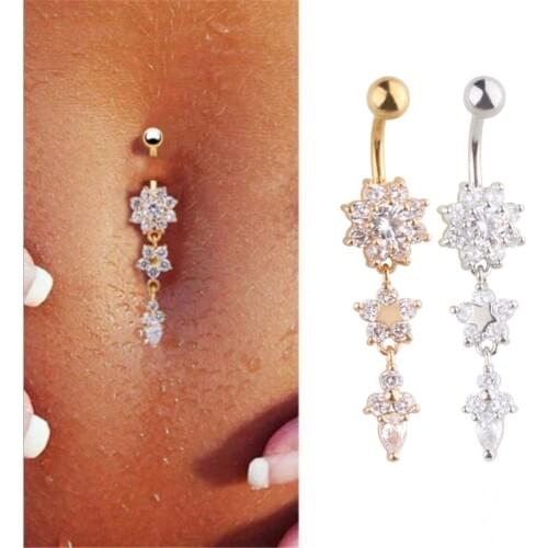 Sexy Belly Bars Belly Button Rings Belly Piercing CZ Crystal Flower Rhinestone Body Jewelry Navel Piercing Rings Drop Shipping