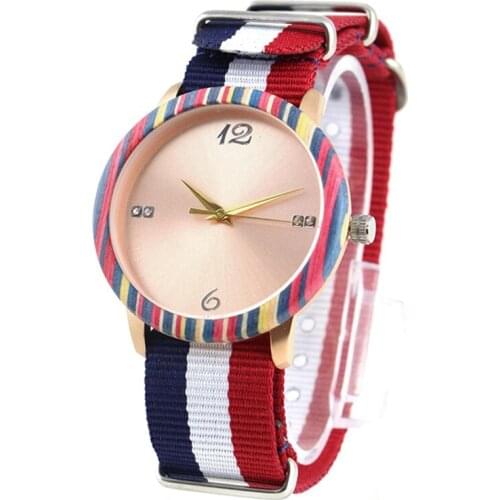 Dropshipping 2020 Classic Designer Gift Rose Gold Dial Alloy Case Women Colorful Rainbow Wood Bezel Watches with Nylon Strap
