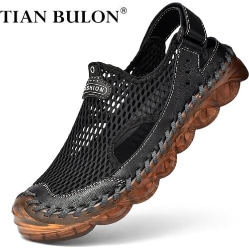 Summer Mesh Men Sandals Handmade Genuine Leather Men Casual Shoes Breathable Outdoor Mens Slippers Beach Sandals Plus Size 38-46