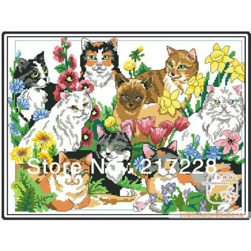 14CT Cross Stitch Embroidery Cats Kitties in the Garden 42*34cm CS-013ANI-A