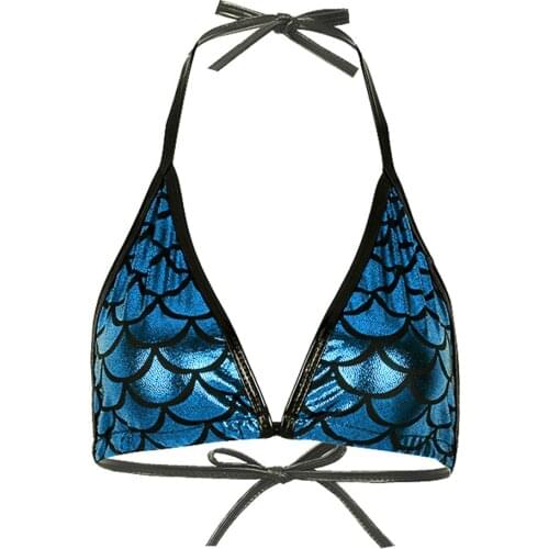 Women Shiny Metallic Mermaid Fish Scale Printed Halter Tie Up Bralette Sexy Tops Festival Rave Performance Pole Dance Costume