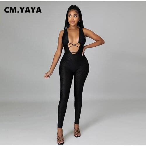 CM.YAYA Women Jumpsuit Print Sleeveless Hollowed Out Bandage Long Slim Jumpsuit Casual One Piece Overall Summer 2021