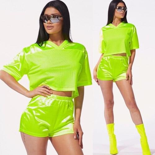 Women Two Piece Set Summer Sexy Solid Color Female Short-Sleeved Fluorescent Green + Shorts Mesh Casual Suit Club Playsuit Loose