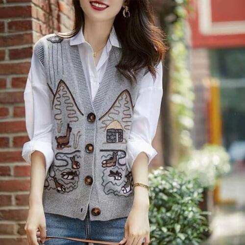 Women Vest Spring Autumn Fashion Korean Style Sleeveless Single-Breasted Jacket Knit Print Vests V-Neck All-match Female Coats