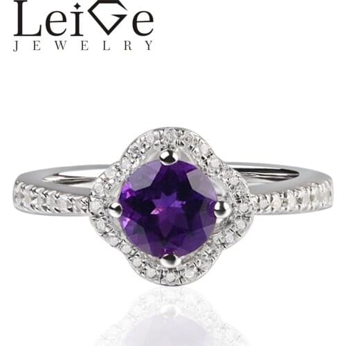 Leige Jewelry Natural Amethyst Round Shape Engagement Proposal Rings For Woman Romantic Gifts February Birthstone 925 Silver