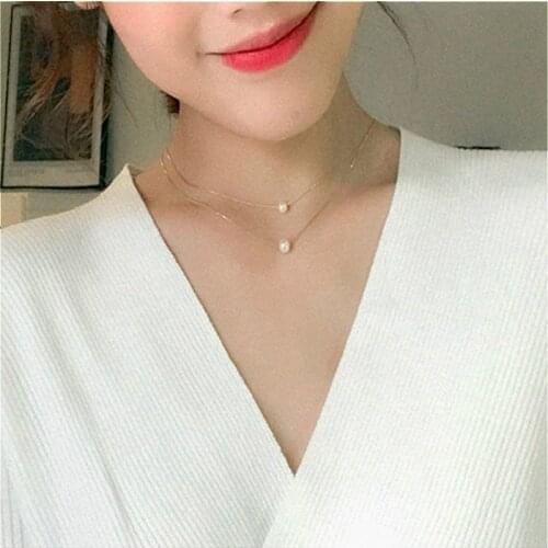 Hot Sale Fashion Square Imitation Pearl Crystal Zircon Pendant Necklaces Invisible Transparent Fishing Line Necklace Women