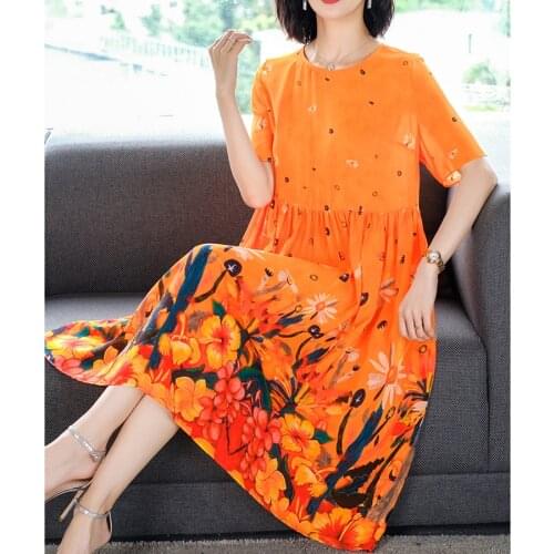 Summer Orange 3XL Plus Size Mulberry Silk Runway Dresses 2021 Elegant Female Vintage Floral Midi Sundress Bodycon Party Vestidos