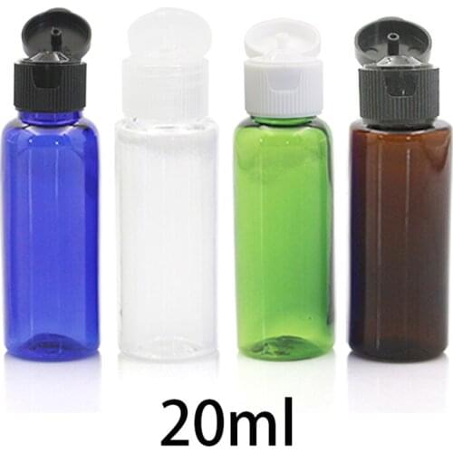 20pcs 20ml Plastic Flip Cap Bottle Empty Cosmetic Container Makeup Essence Water Sample Packaging Brown Green Blue Clear Bottles