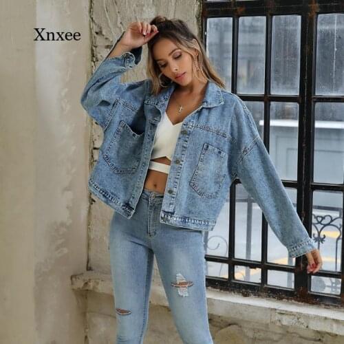 2021 Womens Autumn Denim Jacket Blue Casual Jeans Jacket Women Loose Wash Retro Long-Sleeved Jacket Women