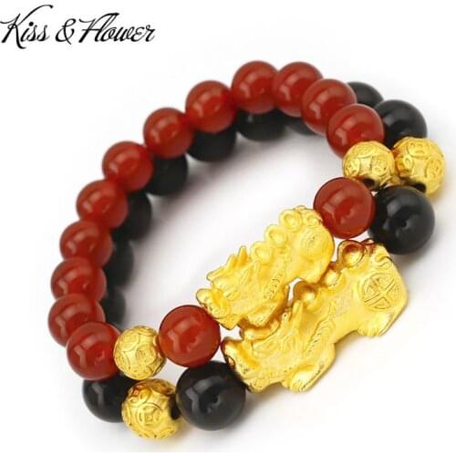 KISS&FLOWER BR123 Fine Jewelry Wholesale Fashion Lovers Couple Birthday Wedding Gift PIXIU Beaded 24KT Gold Pendant Bracelet 1PC