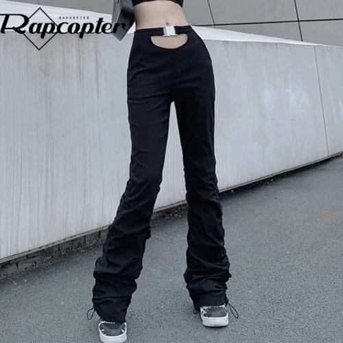 Rapcopter Black Metal Cargo Pants Ruched Cut Out Streetwear Trousers Vintage Fashion Korean Style Sweatpants Women 90s New Pants