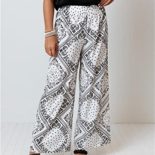 Womens Summer Casual Retro Print Pants Bohemian High Waist Wide Leg Trousers Slacks Bottoms Fashion Loose Female Long Pants
