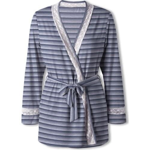 Neatie Kiddie Stripe Print Home Sleepwear Night Robes Women Clothing Pajamas Lingerie Long Sleeve V-neck Casual Sleep Robe Dress